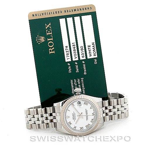 The image shows a Rolex Mid-Size 178274 Women's Stainless Steel White Dial 178274 Women's Stainless Steel White Dial watch and its certificate of authenticity, angled to display the watch face and bracelet.