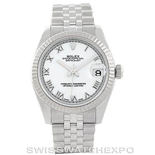 The image shows a front view of the Rolex Mid-Size 178274 Women's Stainless Steel White Dial 178274 Women's Stainless Steel White Dial Datejust watch, highlighting the dial, bezel, crown, and bracelet.