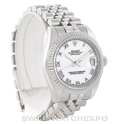 This image shows a Rolex Mid-Size 178274 Women's Stainless Steel White Dial 178274 Women's Stainless Steel White Dial Datejust watch at a slight angle, highlighting the face, bezel, case, and bracelet.
