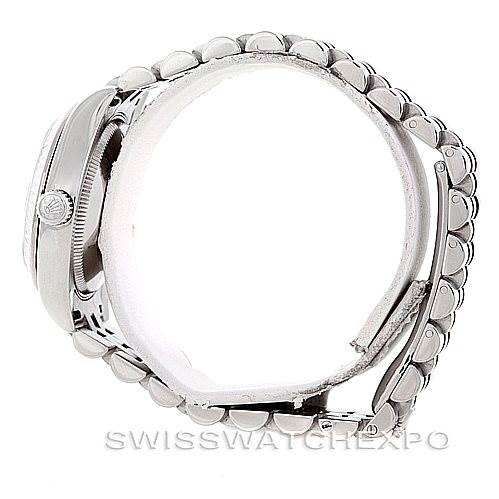 The image shows the side view of the Rolex Mid-Size 178274 Women's Stainless Steel White Dial 178274 Women's Stainless Steel White Dial watch, highlighting the crown, case, and bracelet.