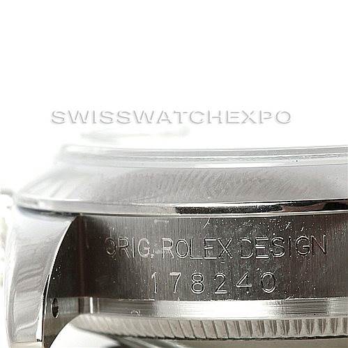 The image shows a side view of the Rolex Mid-Size 178240 Women's Stainless Steel White Dial 178240 Women's Stainless Steel White Dial model, focusing on the engraved case design details and model number 178240.
