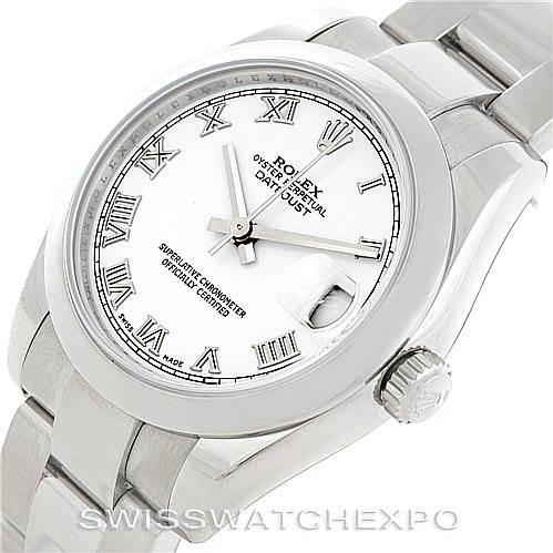 This image shows a Rolex Mid-Size 178240 Women's Stainless Steel White Dial 178240 Women's Stainless Steel White Dial Datejust watch at an angle that highlights the white dial, Roman numerals, and part of the stainless steel bracelet.