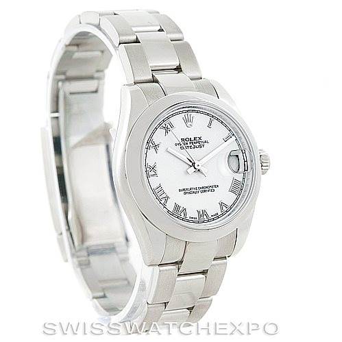 The image shows a mid-size Rolex watch angled from the front and slightly to the left, displaying the face, bezel, bracelet, and clasp.