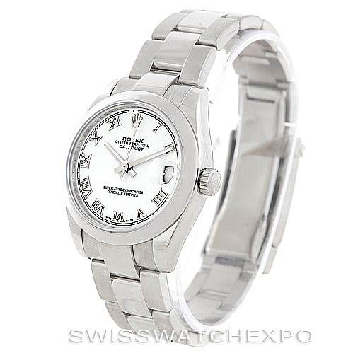This image shows a Rolex Mid-Size 178240 Women's Stainless Steel White Dial 178240 Women's Stainless Steel White Dial Datejust watch from a front-side angle, displaying the dial, bezel, case, and bracelet.