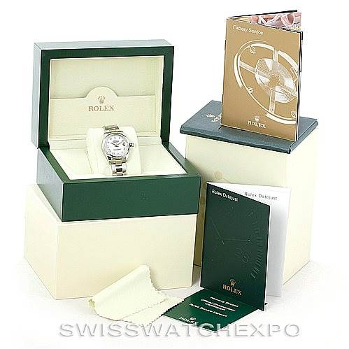The Rolex Mid-Size 178240 Women's Stainless Steel White Dial 178240 Women's Stainless Steel White Dial model watch is shown in its open box, accompanied by manuals and a cleaning cloth, viewed from an eye-level angle.