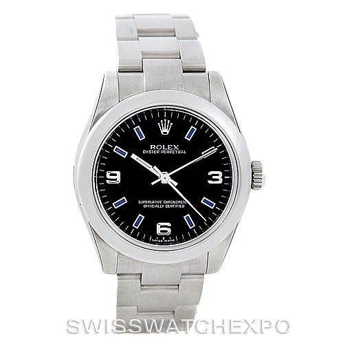 This image shows a front view of the Rolex Mid-Size 177200 Women's Stainless Steel Black Dial 177200 Women's Stainless Steel Black Dial watch, featuring its dial, hands, and bracelet.