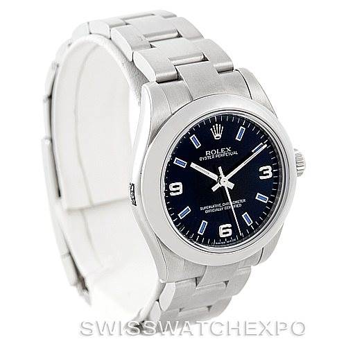 The image shows a Rolex Mid-Size 177200 Women's Stainless Steel Black Dial 177200 Women's Stainless Steel Black Dial model watch at an angled view, displaying its face, bezel, and part of the bracelet.