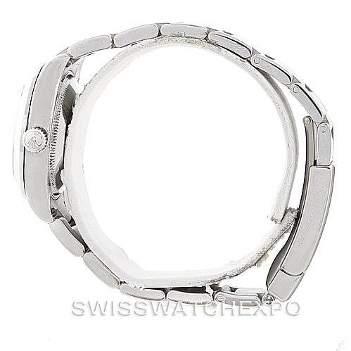 The image shows a side view of a Rolex Mid-Size 177200 Women's Stainless Steel Black Dial 177200 Women's Stainless Steel Black Dial watch, highlighting the bracelet and crown of the watch.