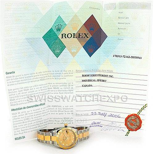 The image shows a Rolex Mid-Size 178313 Women's Stainless Steel Champagne Dial 178313 Women's Stainless Steel Champagne Dial model watch placed in front of its certificates and warranty documents.