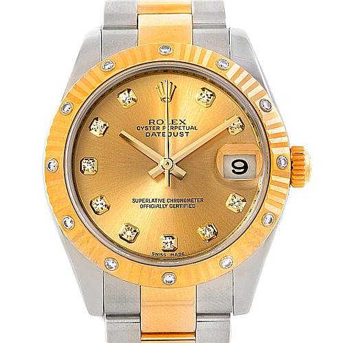 This image displays a front view of a Mid-Size Rolex Oyster Perpetual Datejust watch with a gold and silver toned bracelet and diamond markers.