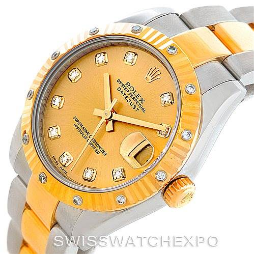 This image shows a Rolex Oyster Perpetual Datejust Mid-Size model at a slight angle, highlighting the dial, bezel, and bracelet.