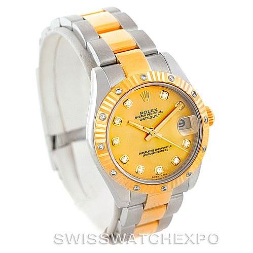 This image shows a Mid-Size Rolex Datejust watch featuring a dual-tone bracelet, diamond hour markers, and a date window.
