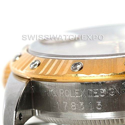 This image shows a close-up angle of the side and bezel of a Mid-Size Rolex watch, highlighting the "ORIG. ROLEX DESIGN" engraving and model number 178313.