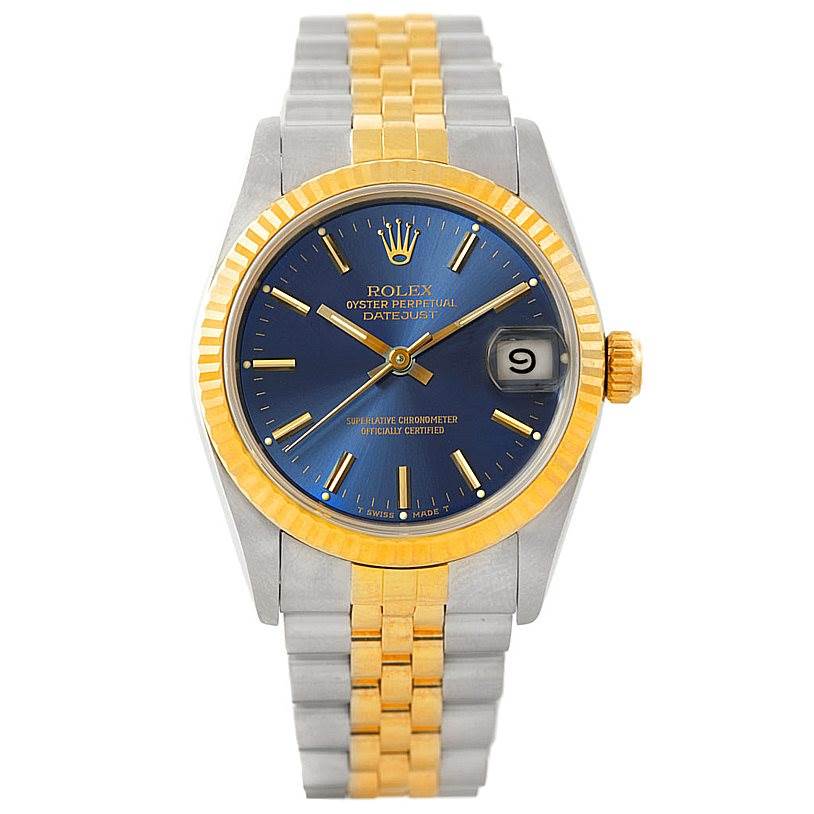 This image shows a Rolex Datejust Mid-Size watch from the front, highlighting its blue dial, gold bezel, and two-tone bracelet.