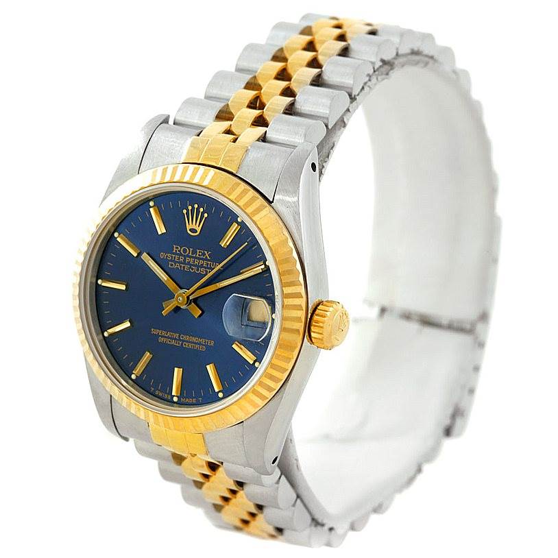 The image shows a Mid-Size Rolex Oyster Perpetual Datejust watch at a slight angle, showcasing its dial, bezel, and bracelet.