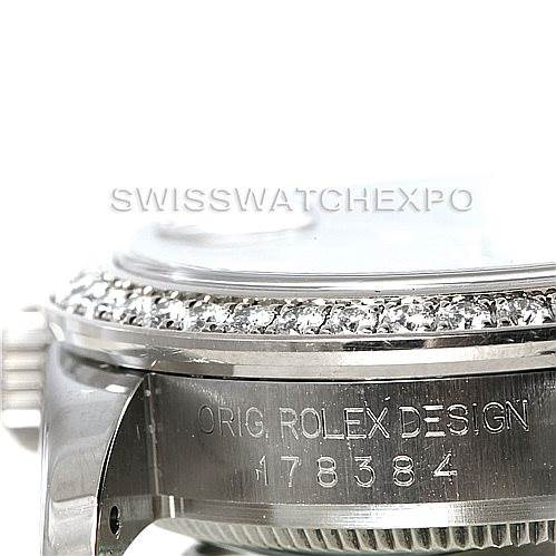 The image shows a close-up side view of a Rolex Mid-Size 178384 Women's Stainless Steel Grey Dial 178384 Women's Stainless Steel Grey Dial watch with the bezel and crown visible, and the model number engraved on the case.
