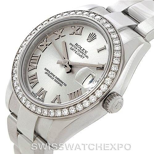 This image shows a Rolex Mid-Size 178384 Women's Stainless Steel Grey Dial 178384 Women's Stainless Steel Grey Dial model watch from a slight angle, highlighting the bezel, crown, and bracelet.
