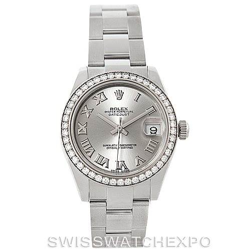 This image shows a front view of the Rolex Mid-Size 178384 Women's Stainless Steel Grey Dial 178384 Women's Stainless Steel Grey Dial Datejust, featuring the dial, bezel, and bracelet.