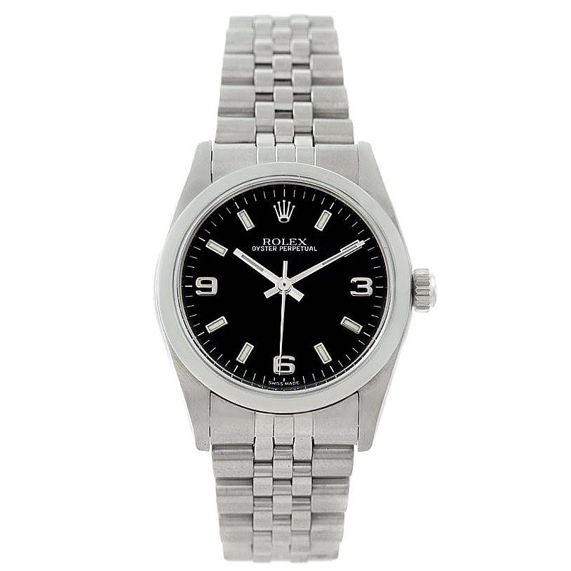 This image shows a front view of the Rolex Mid-Size 77080 Women's Stainless Steel Black Dial 77080 Women's Stainless Steel Black Dial Oyster Perpetual watch, displaying the face, bezel, crown, and bracelet.