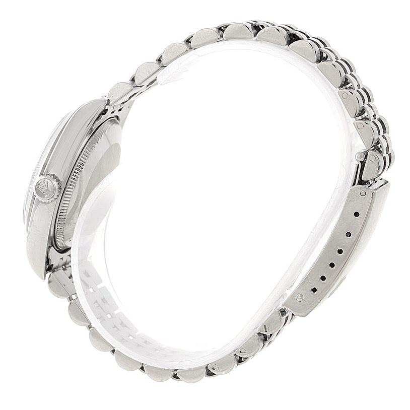 The image shows a side view of a Rolex Mid-Size 77080 Women's Stainless Steel Black Dial 77080 Women's Stainless Steel Black Dial model watch, highlighting the bracelet, crown, and clasp.