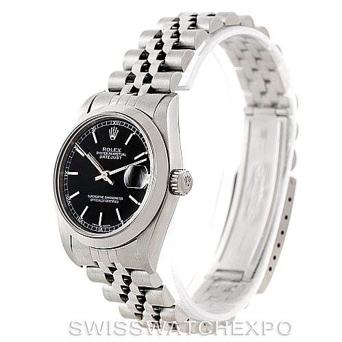 The image shows a Rolex Mid-Size 78240 Women's Stainless Steel Black Dial 78240 Women's Stainless Steel Black Dial Datejust watch at a slight angle, highlighting its black dial, bezel, and stainless steel bracelet.