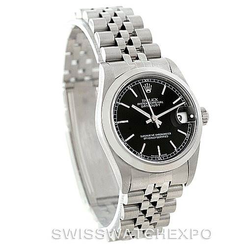The Rolex Mid-Size 78240 Women's Stainless Steel Black Dial 78240 Women's Stainless Steel Black Dial model watch is shown at a three-quarter angle, displaying its black dial, silver bracelet, crown, and date window.