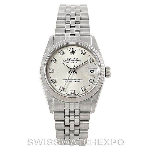 This image shows a frontal view of a Rolex Mid-Size 68274 Women's Stainless Steel Silver Dial 68274 Women's Stainless Steel Silver Dial Datejust watch, displaying the dial, bezel, crown, and bracelet.