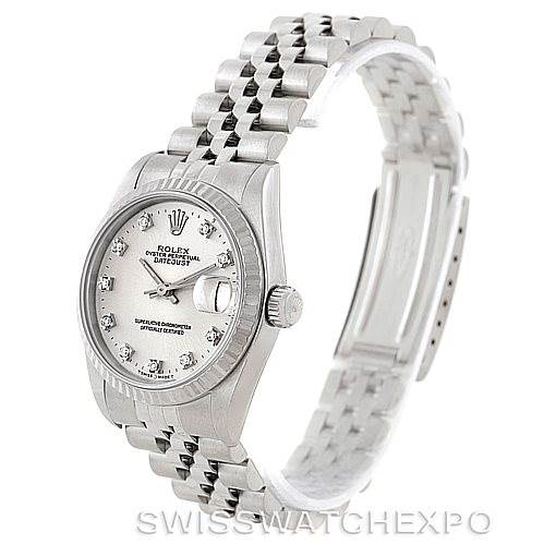 The watch is a Rolex Mid-Size 68274 Women's Stainless Steel Silver Dial 68274 Women's Stainless Steel Silver Dial model shown at a three-quarter angle, highlighting its face, bezel, and bracelet.