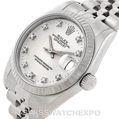 This image shows a close-up of a Rolex Mid-Size 68274 Women's Stainless Steel Silver Dial 68274 Women's Stainless Steel Silver Dial Datejust watch, highlighting the dial, crown, and part of the bracelet.