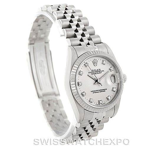 This image shows a Rolex Datejust Mid-Size model from a three-quarter angle, displaying the dial, bezel, and bracelet.