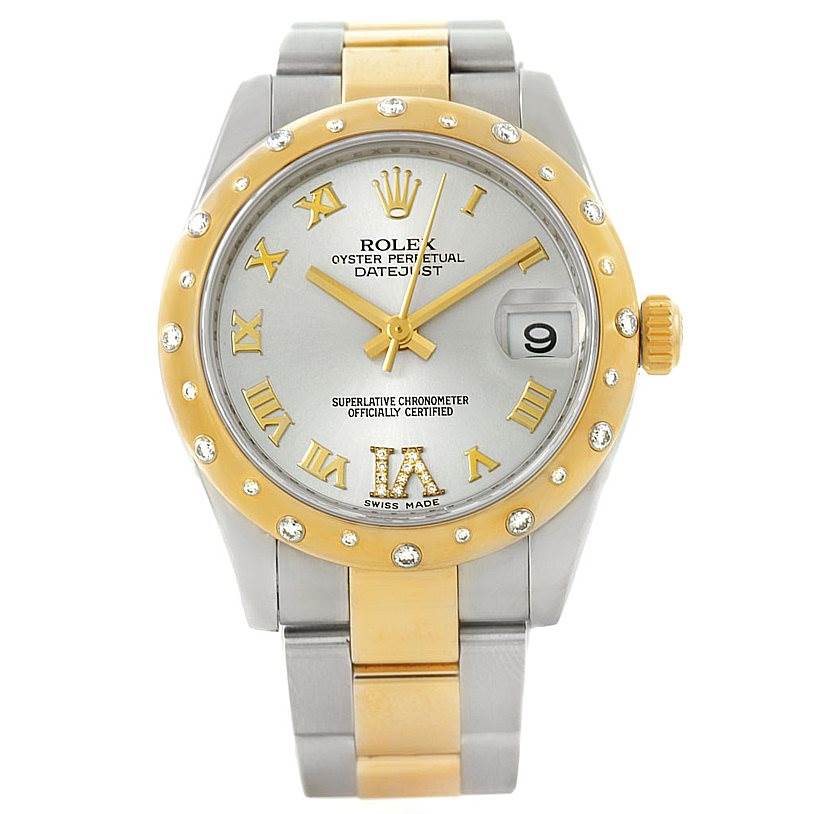 The Rolex Mid-Size 178343 Women's Stainless Steel Silver Dial 178343 Women's Stainless Steel Silver Dial watch is shown from a front view, highlighting its face, bezel, crown, and bracelet.