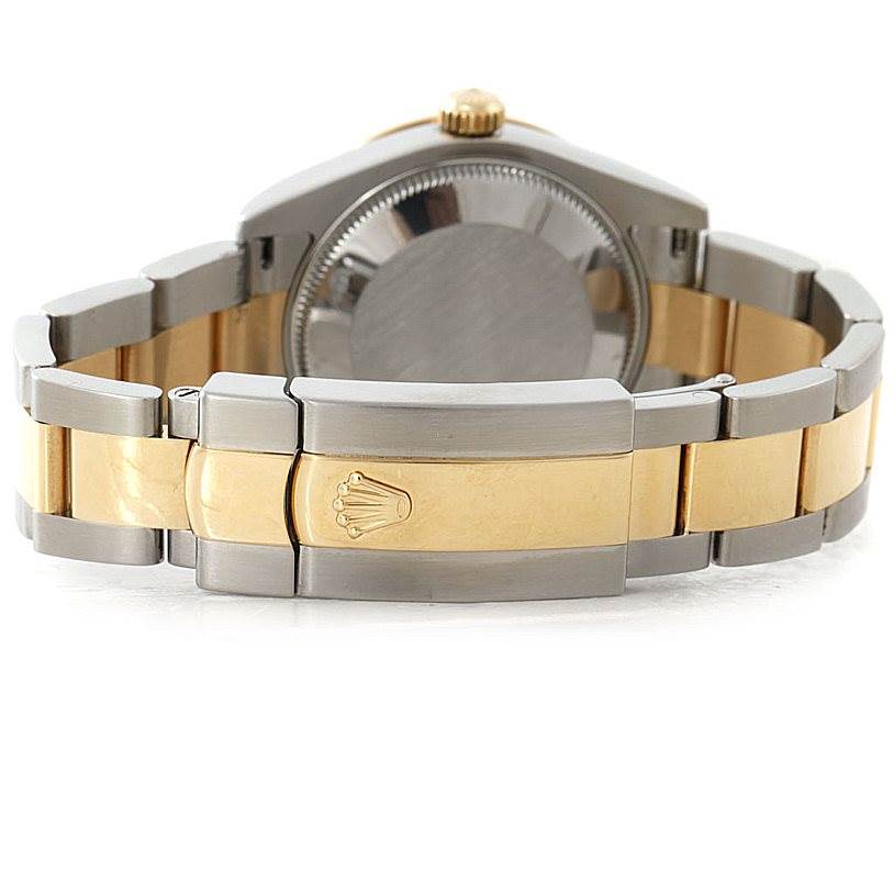 The image shows the back view of a Rolex Mid-Size 178343 Women's Stainless Steel Silver Dial 178343 Women's Stainless Steel Silver Dial model watch, highlighting its two-tone bracelet and clasp with the Rolex logo.