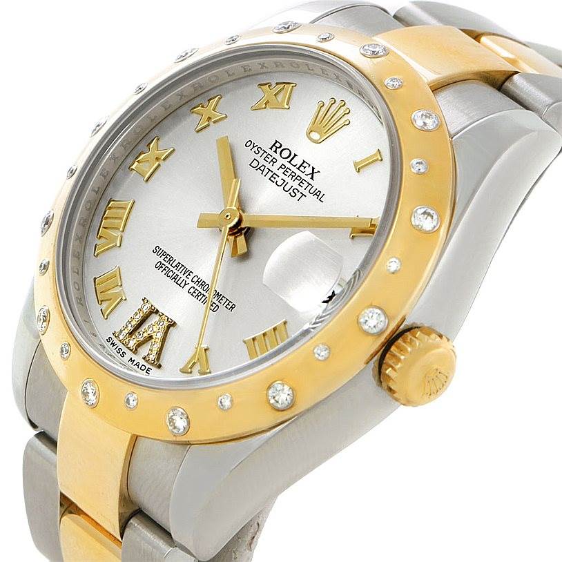 The image shows a close-up angled view of the Rolex Mid-Size 178343 Women's Stainless Steel Silver Dial 178343 Women's Stainless Steel Silver Dial Oyster Perpetual Datejust, highlighting its dial, bezel, and crown.