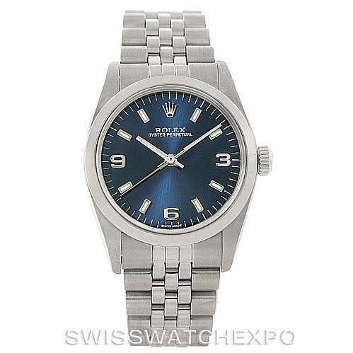 This image shows a front view of a Rolex Mid-Size 77080 Women's Stainless Steel Blue Dial 77080 Women's Stainless Steel Blue Dial Oyster Perpetual watch with a blue dial and a stainless steel bracelet.