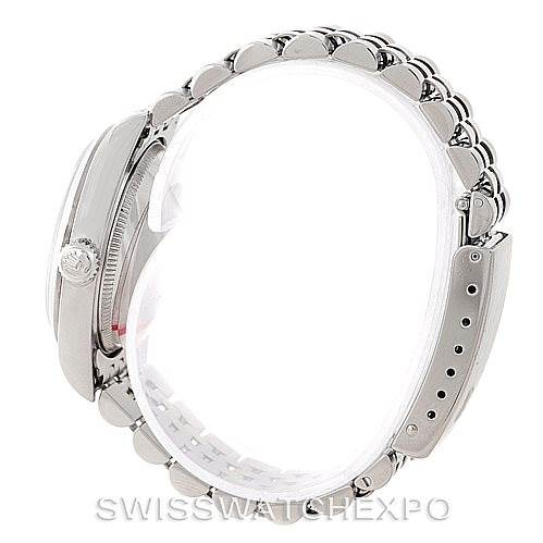 Side view of a Rolex Mid-Size 77080 Women's Stainless Steel Blue Dial 77080 Women's Stainless Steel Blue Dial model showing the watch case, crown, and bracelet.