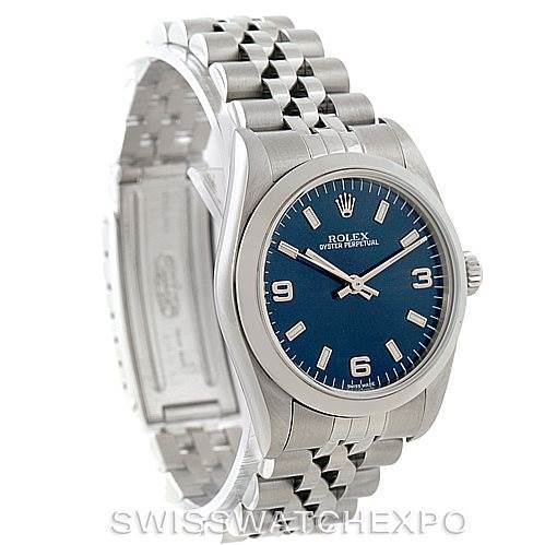 This image shows a Rolex Oyster Perpetual Mid-Size watch, highlighting its face, bezel, bracelet, and clasp from a side angle.