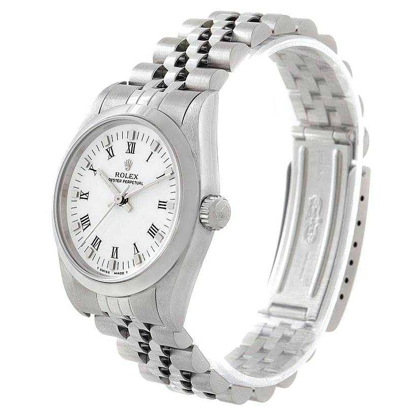 The image shows a side angle of a Mid-Size Rolex watch, highlighting the case, dial, and stainless steel bracelet.