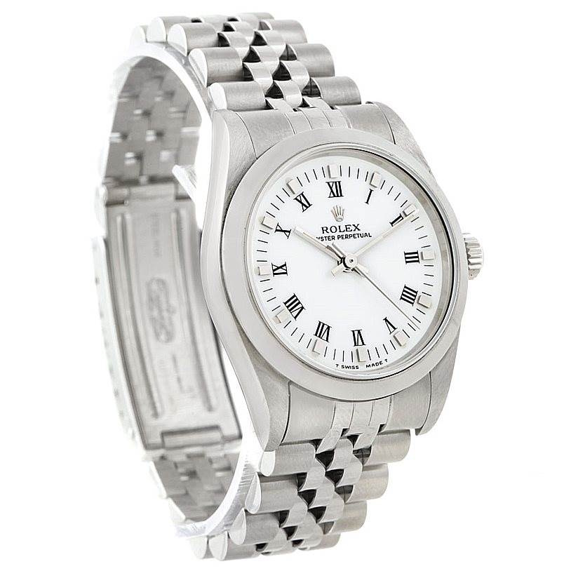 The image shows a Rolex Mid-Size 67480 Women's Stainless Steel White Dial 67480 Women's Stainless Steel White Dial watch at a slight angle, displaying its face, bezel, and bracelet with the clasp partially open.