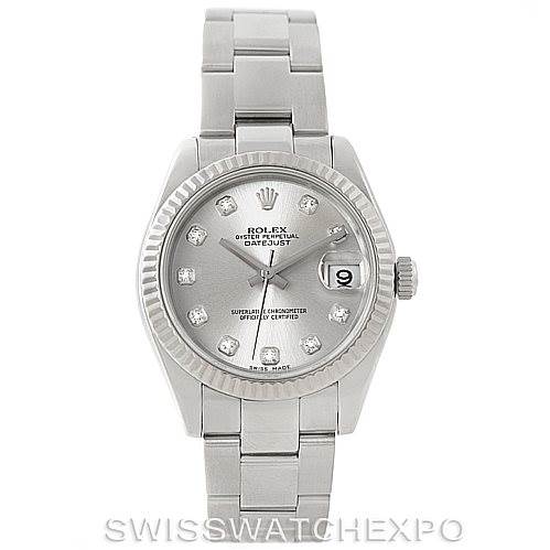 This is a front-view image of the Rolex Mid-Size 178274 Women's Stainless Steel Silver Dial 178274 Women's Stainless Steel Silver Dial Datejust watch, showing the dial, bezel, bracelet, and crown.