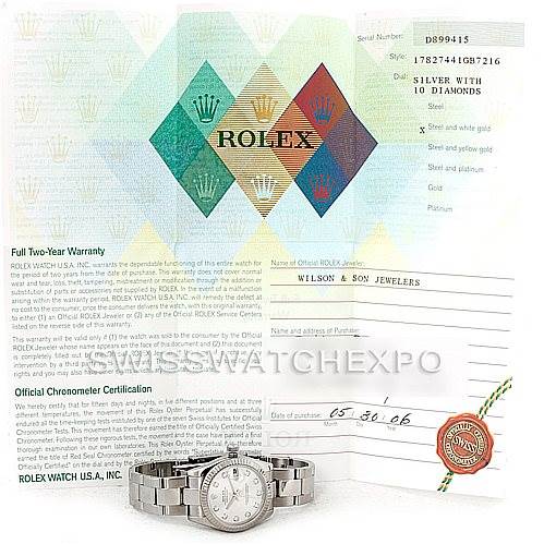 The image shows a Mid-Size Rolex watch and includes warranty documents, a certificate, and service receipts.