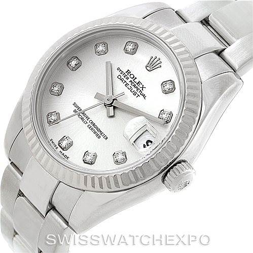 This is a Mid-Size Rolex Oyster Perpetual Datejust, viewed at an angle showcasing the dial, crown, and part of the bracelet.