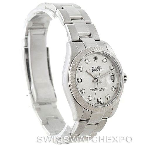 The image shows an angled view of a Rolex Mid-Size 178274 Women's Stainless Steel Silver Dial 178274 Women's Stainless Steel Silver Dial Datejust watch, highlighting the dial, bezel, case, and bracelet.