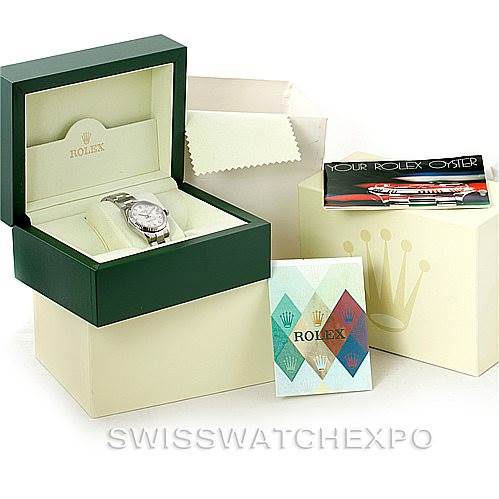 The image shows a Rolex Mid-Size 178274 Women's Stainless Steel Silver Dial 178274 Women's Stainless Steel Silver Dial model watch in its box with accompanying accessories: a cloth, booklets, and outer packaging.