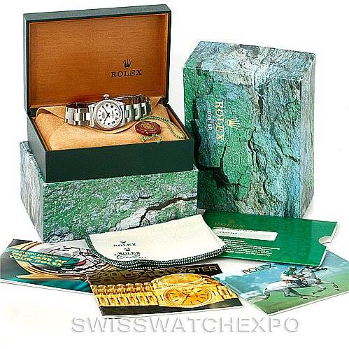 The image shows a Rolex Mid-Size 68240 Women's Stainless Steel White Dial 68240 Women's Stainless Steel White Dial watch in its open box, alongside the outer box, warranty cards, booklet, and a cleaning cloth.