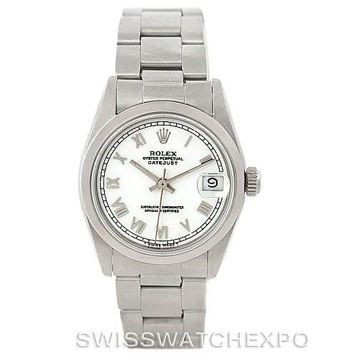 This image shows a front view of a Rolex Mid-Size 68240 Women's Stainless Steel White Dial 68240 Women's Stainless Steel White Dial Oyster Perpetual Datejust watch, displaying the face, bezel, and bracelet.