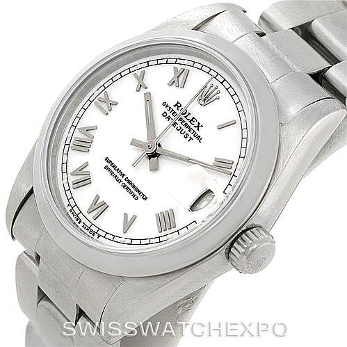 This image shows a Rolex Mid-Size 68240 Women's Stainless Steel White Dial 68240 Women's Stainless Steel White Dial model watch with a white dial, Roman numerals, and a stainless steel bracelet, viewed at an angle.