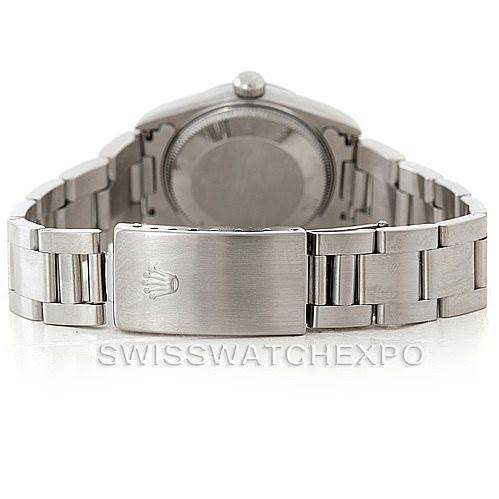 This image shows the rear view of a Rolex Mid-Size 68240 Women's Stainless Steel White Dial 68240 Women's Stainless Steel White Dial watch, focusing on the bracelet and clasp.