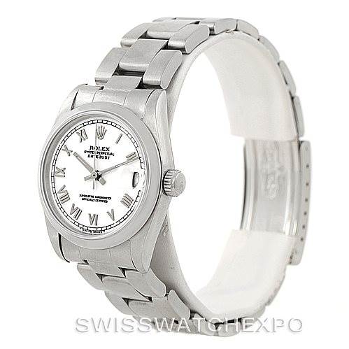 This image shows a Rolex Mid-Size 68240 Women's Stainless Steel White Dial 68240 Women's Stainless Steel White Dial watch at a slight angle, displaying its face, crown, and stainless steel bracelet.