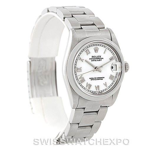 This is the Rolex Mid-Size 68240 Women's Stainless Steel White Dial 68240 Women's Stainless Steel White Dial Datejust watch shown at a three-quarter angle, displaying the face, bezel, crown, and bracelet.