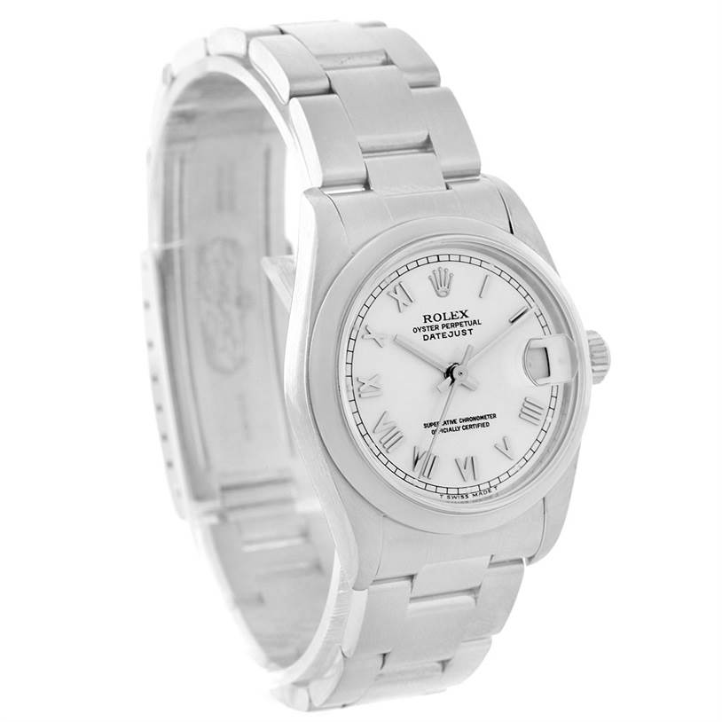 The image shows a Rolex Mid-Size 78240 Women's Stainless Steel White Dial 78240 Women's Stainless Steel White Dial Datejust watch at a three-quarter angle, displaying the face, bezel, and part of the bracelet.